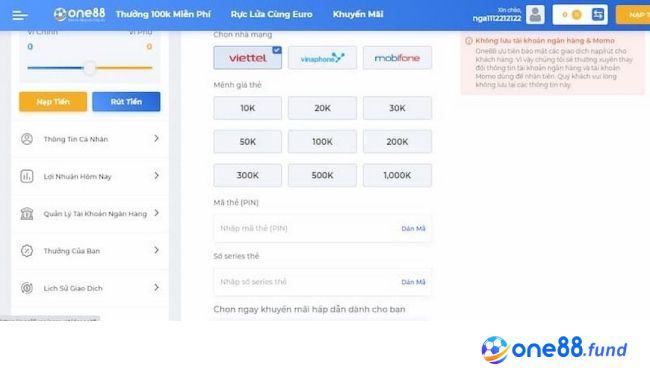 Cách nạp rút tiền ONE88 đơn giản với nhiều hình thức